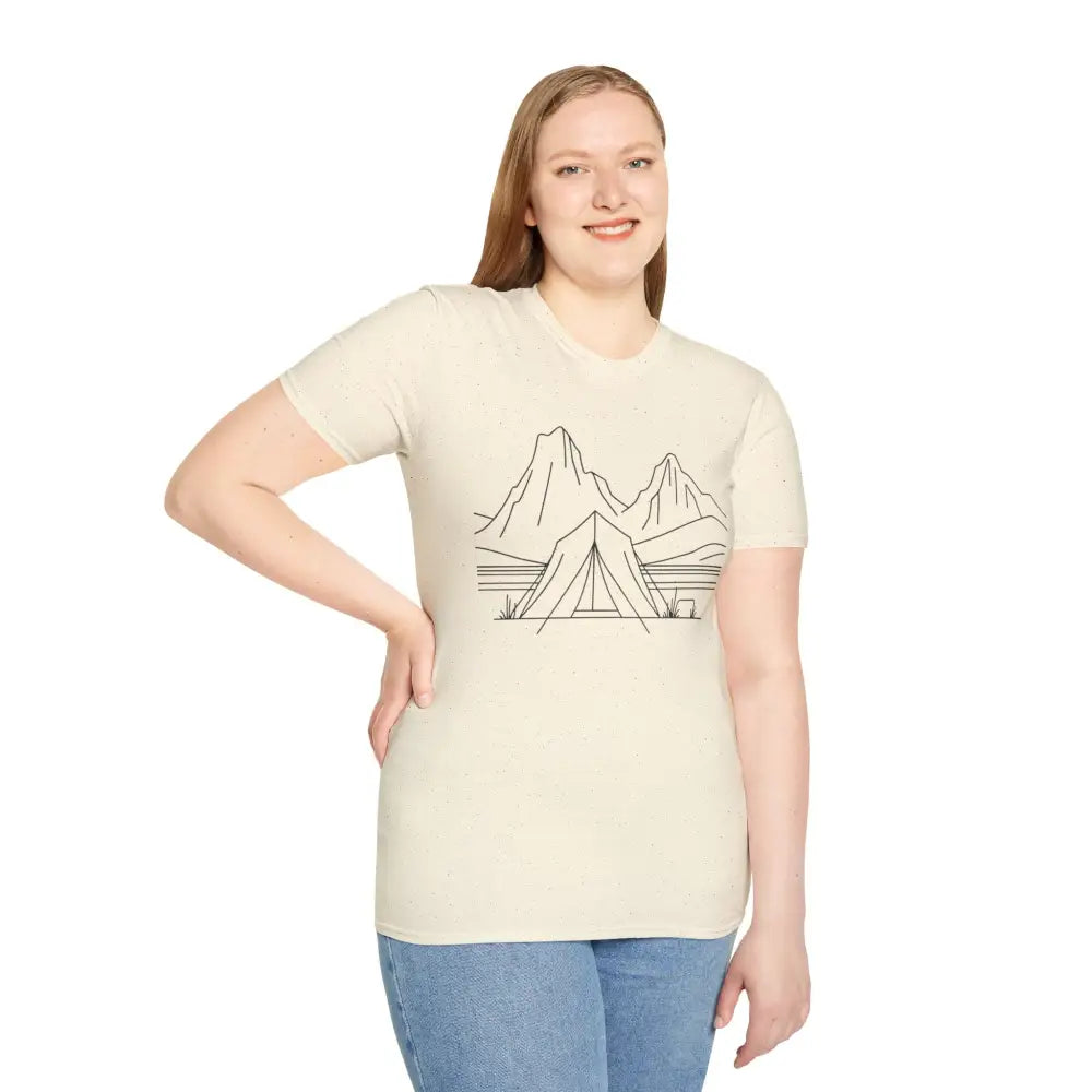 Woman wearing a stylish unisex t-shirt with mountain and tent print made of ring-spun cotton