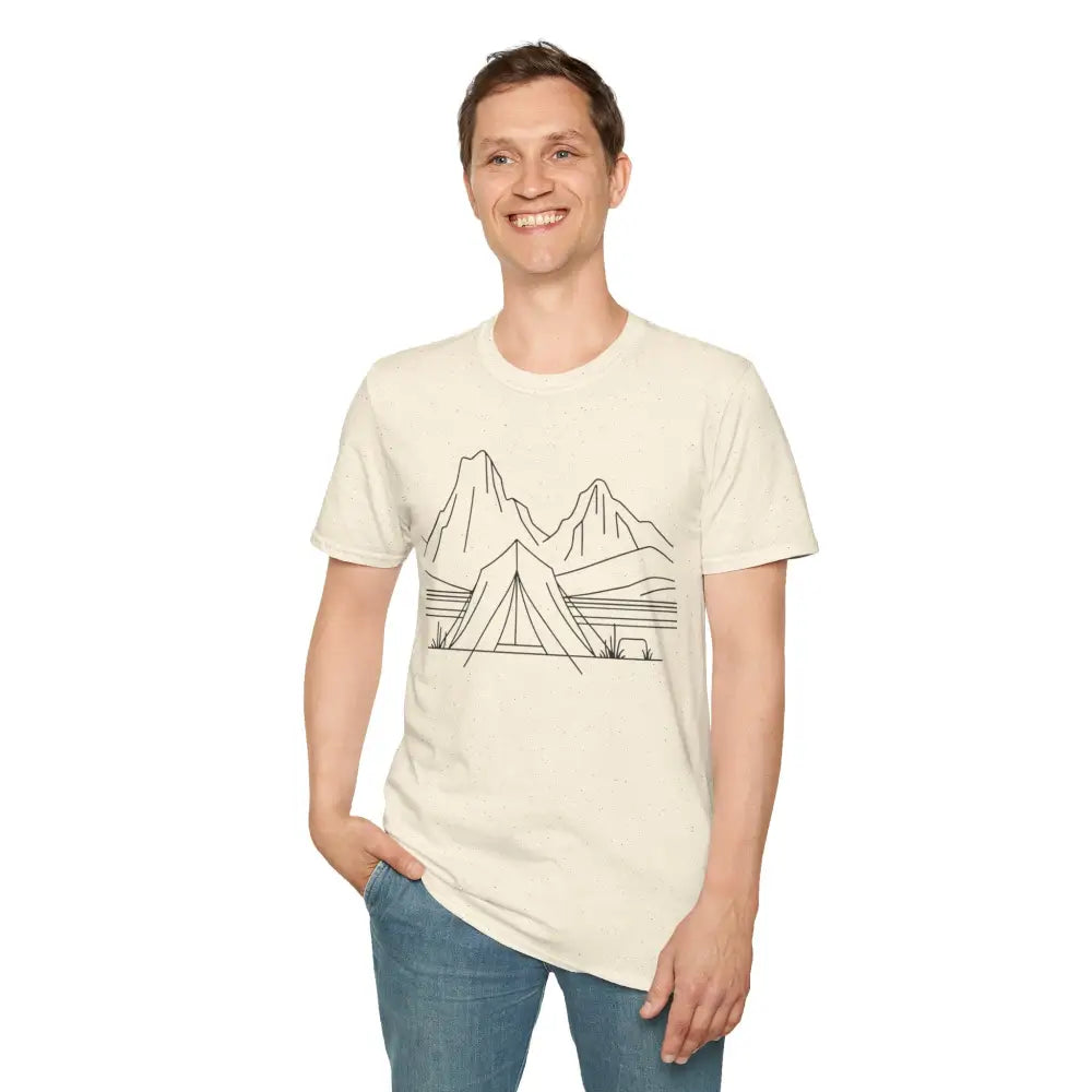 Stylish unisex t-shirt with mountain camping design in ring-spun cotton, eco-friendly fabric