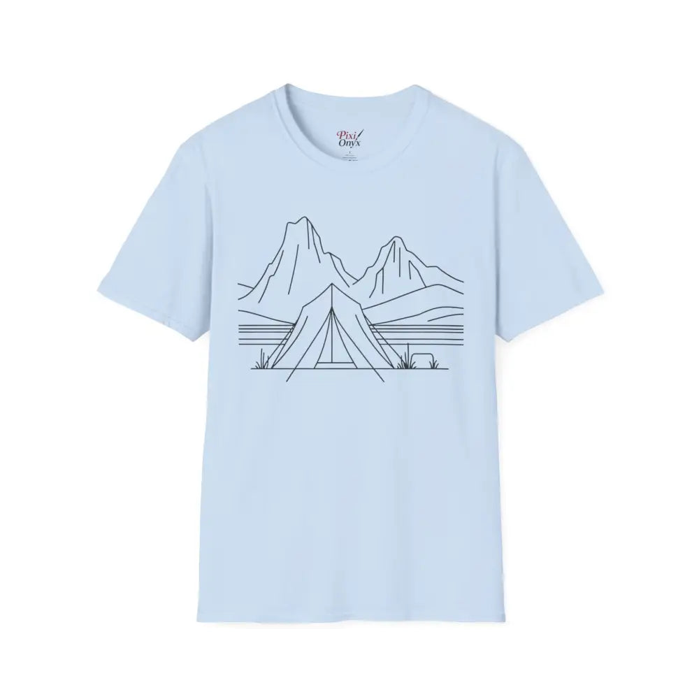 Light blue stylish unisex t-shirt with mountain and tent line drawing, made from ring-spun cotton with reduced fabric waste