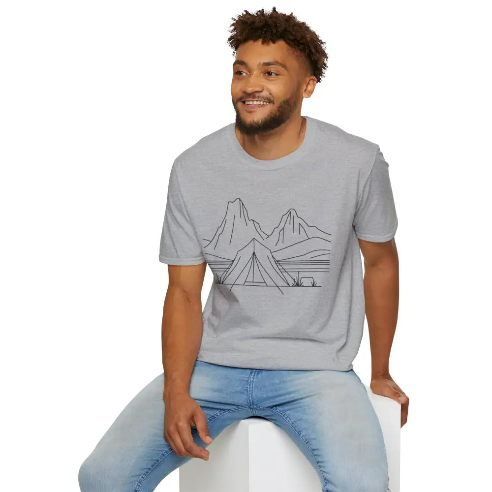 Light gray stylish unisex t-shirt with mountain landscape graphic made from ring-spun cotton