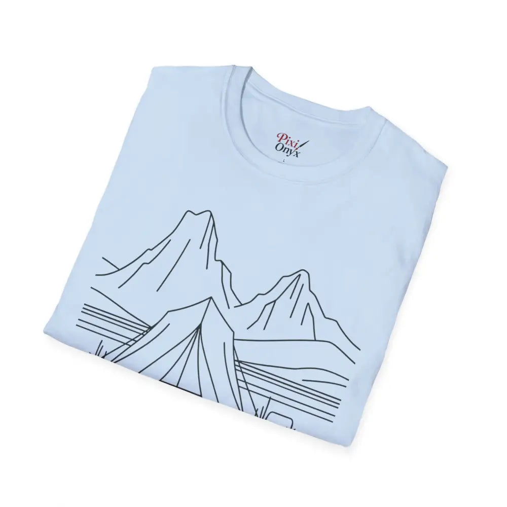 Light blue stylish unisex t-shirt with mountain landscape design made from ring-spun cotton