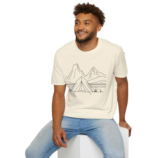 Stylish unisex t-shirt with mountain camping graphic, ring-spun cotton, eco-friendly design