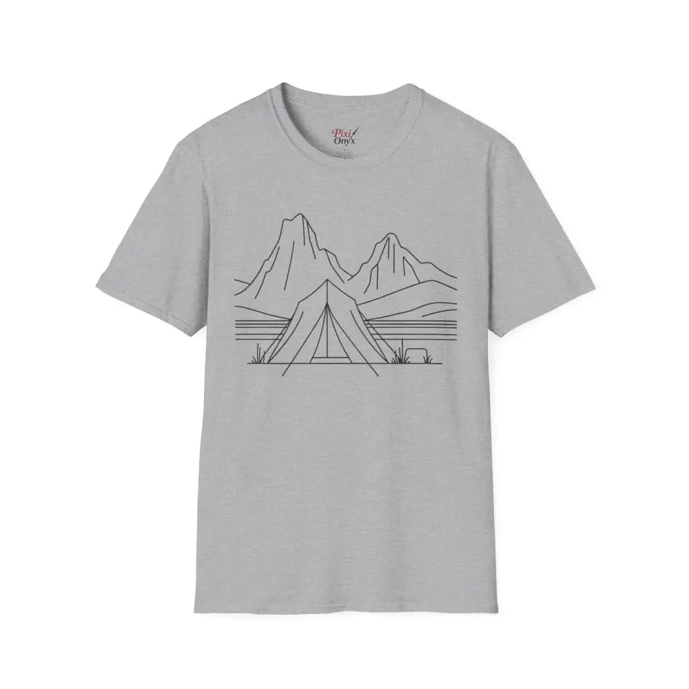 Light grey stylish unisex t-shirt with mountain and tent line art, made from ring-spun cotton