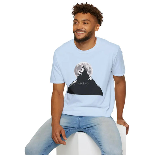 Man wearing a Mountain Inspired Unisex T-Shirt with mountain and moon graphic, machine wash