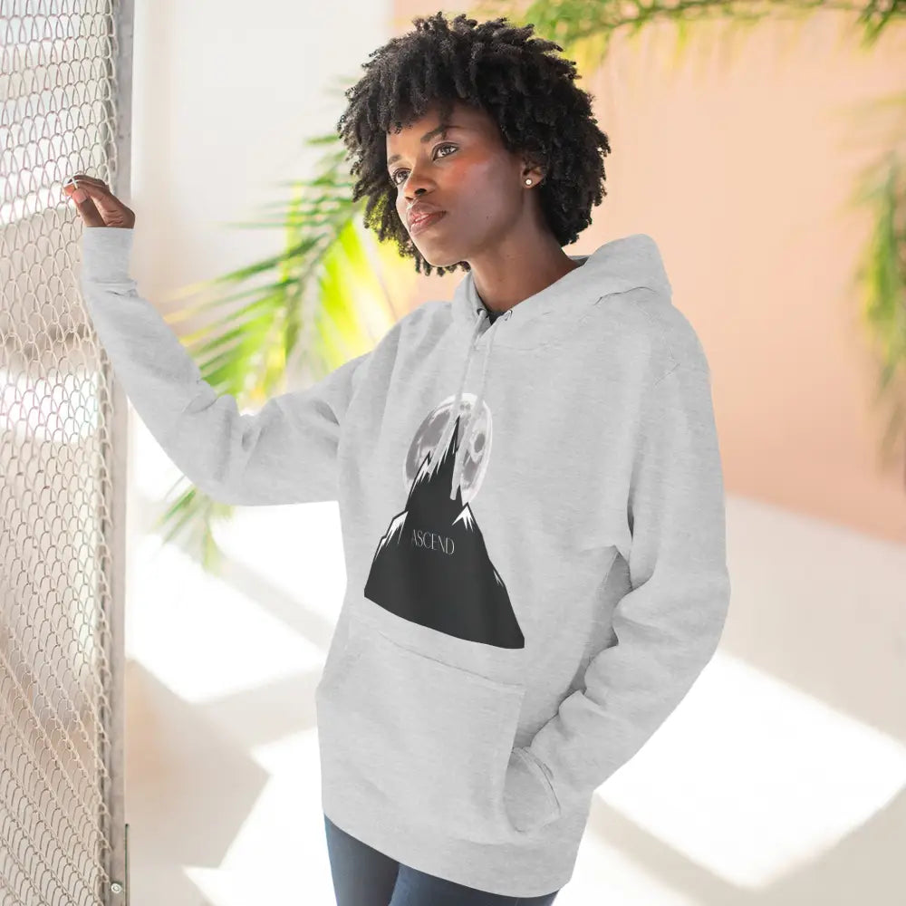 White hoodie with mountain scene fleece graphic and moon, unisex hoodie ascend style