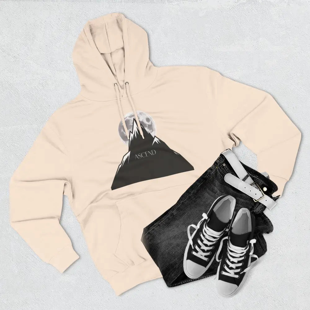 Light peach mountain scene fleece unisex hoodie ascend with moon graphic and kangaroo pocket adds