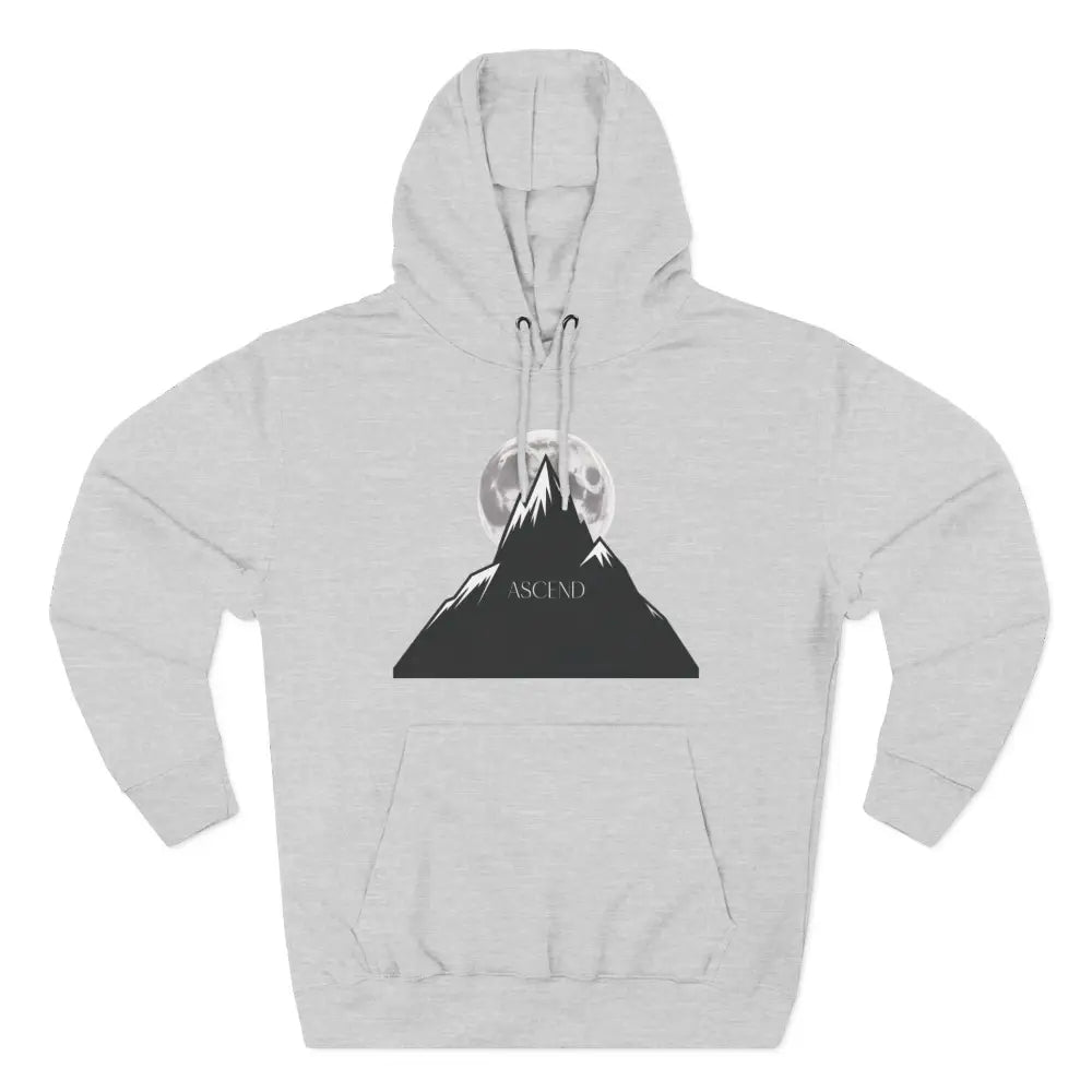 Light gray Mountain Scene Fleece unisex hoodie ascend with mountain and moon graphic