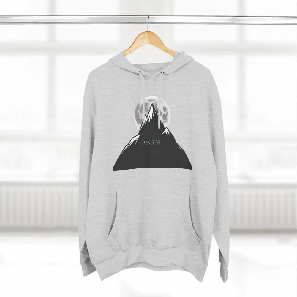 Light grey Mountain Scene Fleece Unisex Hoodie Ascend with moon, mountain design, kangaroo pocket adds
