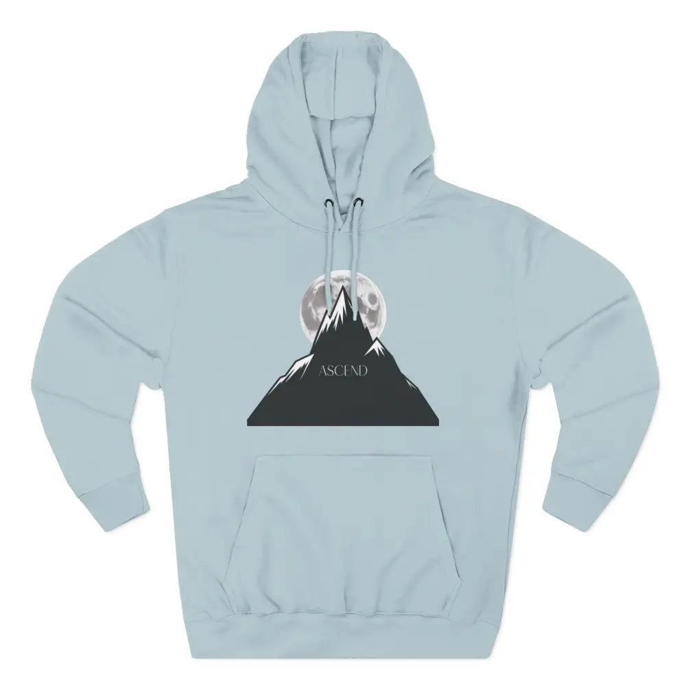 Light blue Mountain Scene Fleece Unisex Hoodie Ascend with mountain and moon graphic