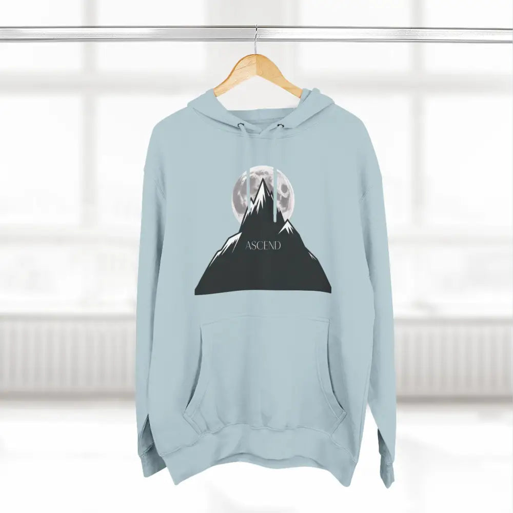 Light blue Mountain Scene Fleece unisex hoodie ascend with black mountain and moon graphic