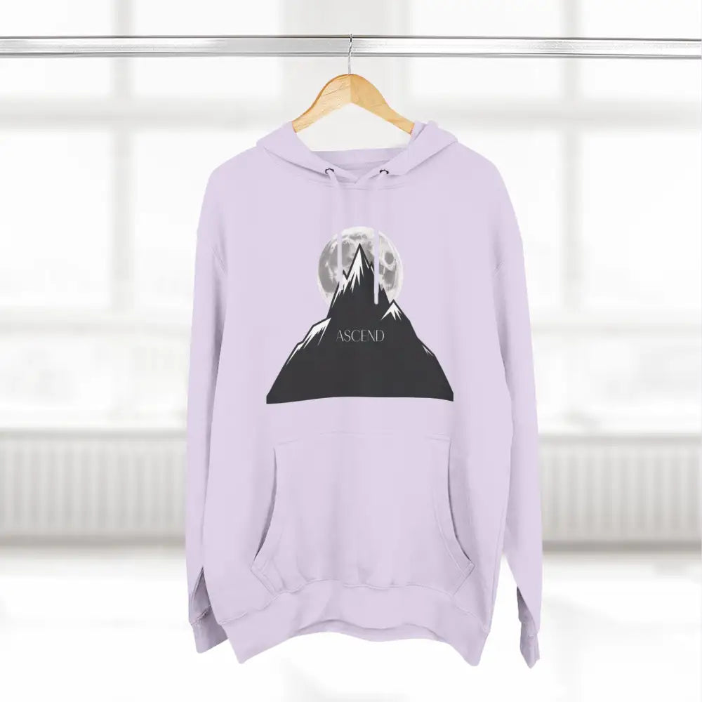 Light purple mountain scene fleece unisex hoodie ascend with moon graphic and kangaroo pocket