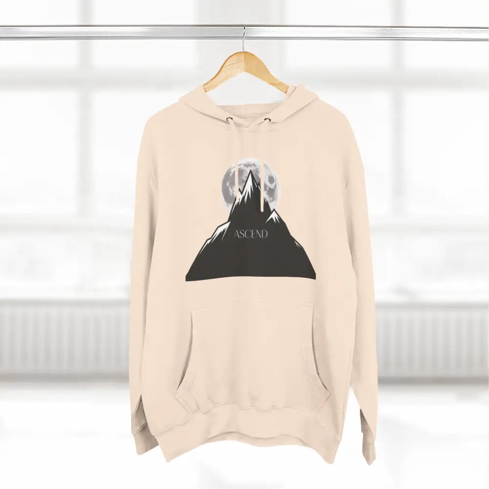 Cream-colored Mountain Scene Fleece Unisex Hoodie Ascend with mountain and moon graphic
