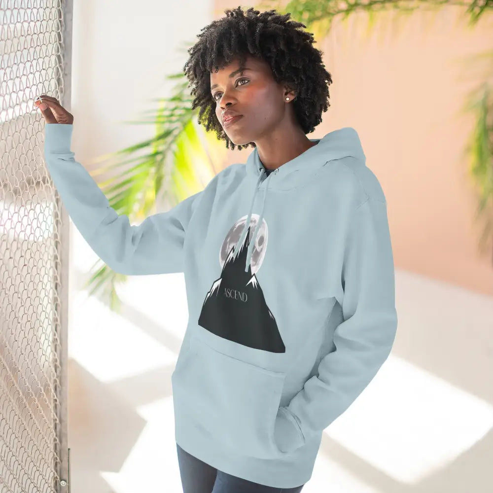 Light blue Mountain Scene Fleece Unisex Hoodie Ascend with mountain graphic and full moon