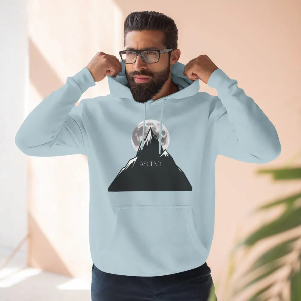 Light blue Mountain Scene Fleece Unisex Hoodie Ascend with black mountain and moon graphic