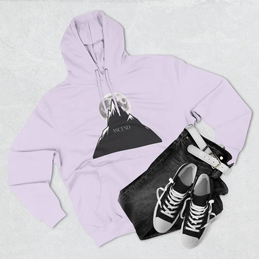 Light purple mountain scene fleece unisex hoodie ascend with black mountain and moon graphic