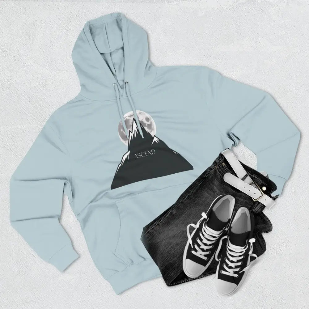 Light blue mountain scene fleece unisex hoodie ascend with kangaroo pocket adds and moon graphic