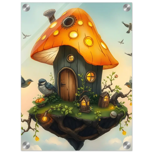 Whimsical mushroom house on a floating island acrylic print for fairy tale decor