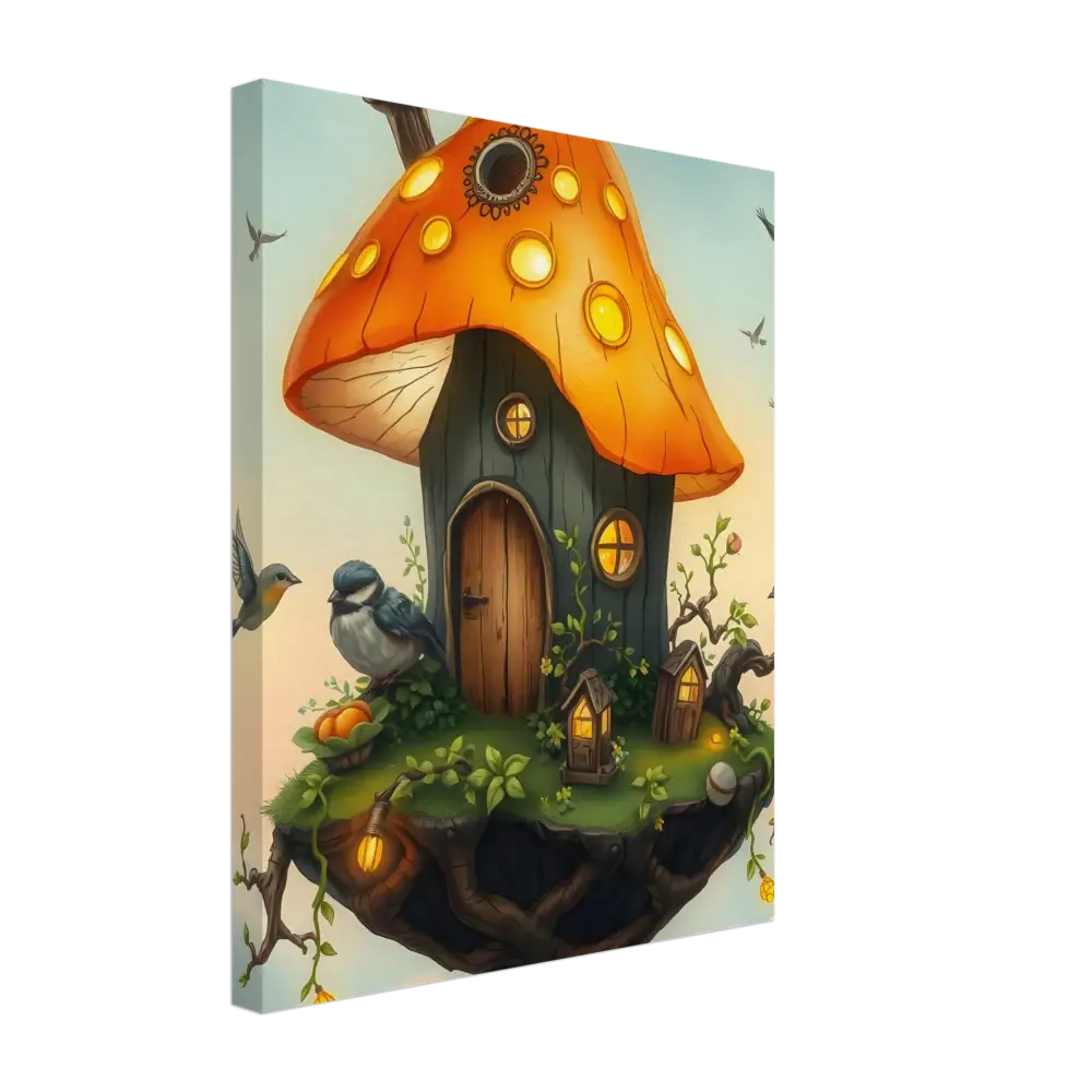 Whimsical mushroom house canvas art for Mushroom Skyhouse Birdhouse in the Clouds