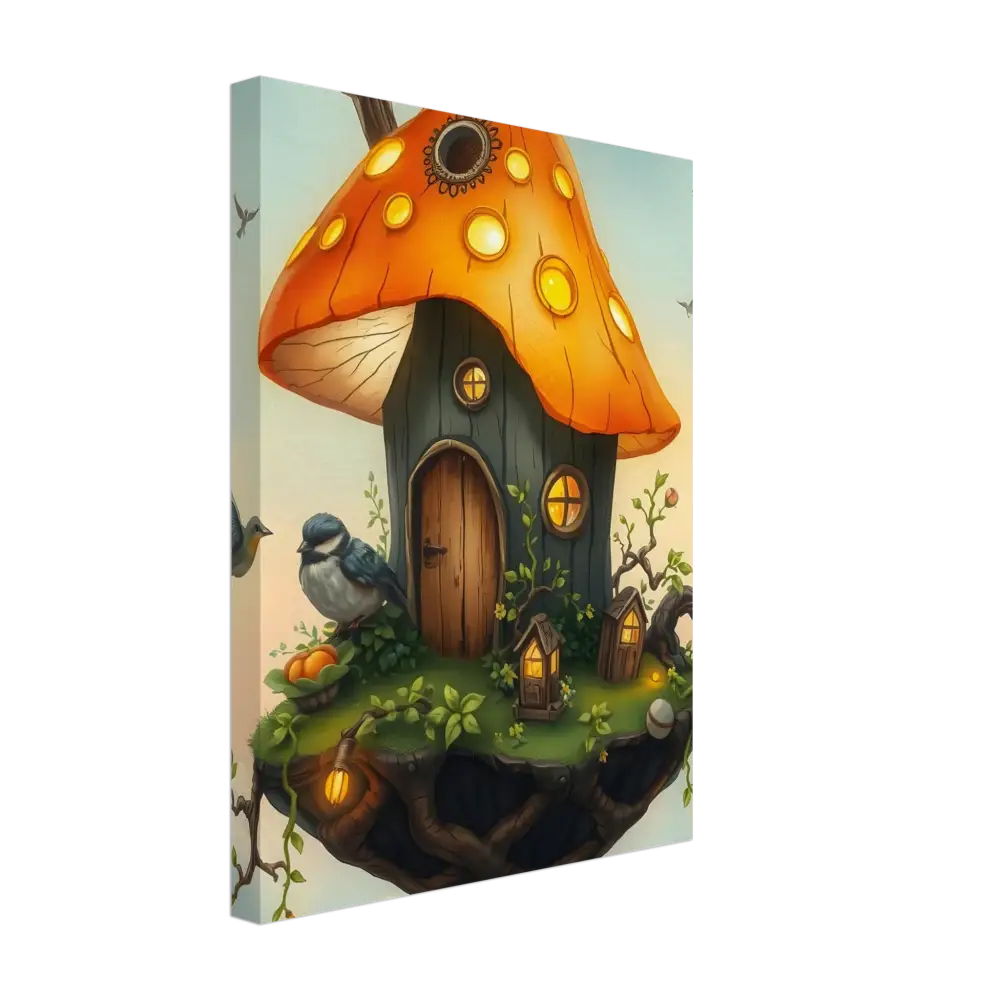 Mushroom house canvas print featuring a whimsical birdhouse in the clouds scene