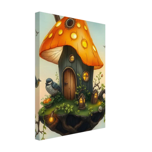 Mushroom house canvas print featuring a whimsical birdhouse in the clouds scene