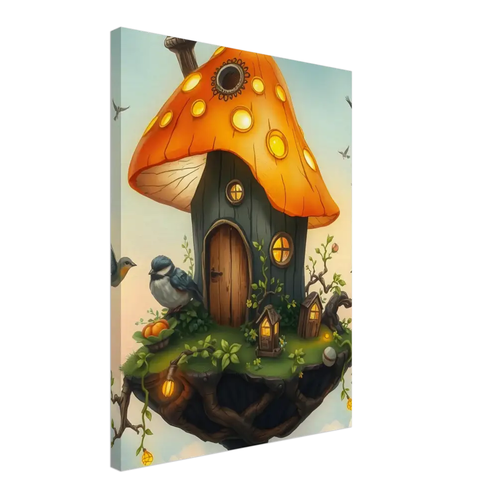 Whimsical mushroom house canvas art from Mushroom Skyhouse Canvas Birdhouse in the Clouds by PixiOnyx