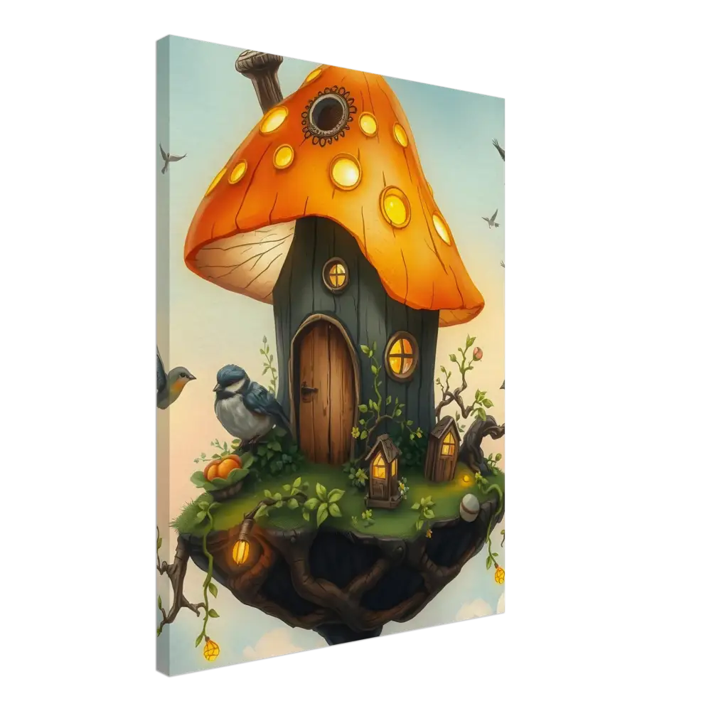 Whimsical mushroom house canvas art from Mushroom Skyhouse Birdhouse in the Clouds collection