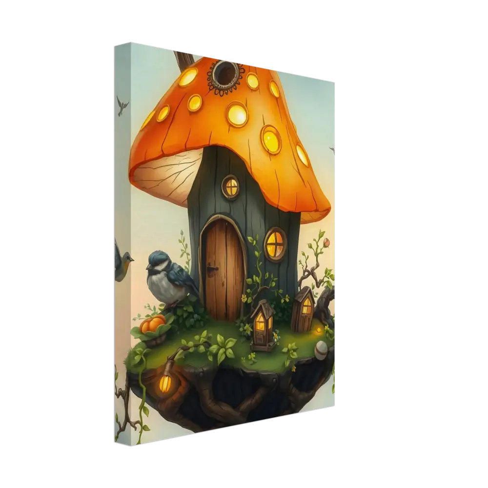 Whimsical mushroom house canvas print for Mushroom Skyhouse Birdhouse in the Clouds art