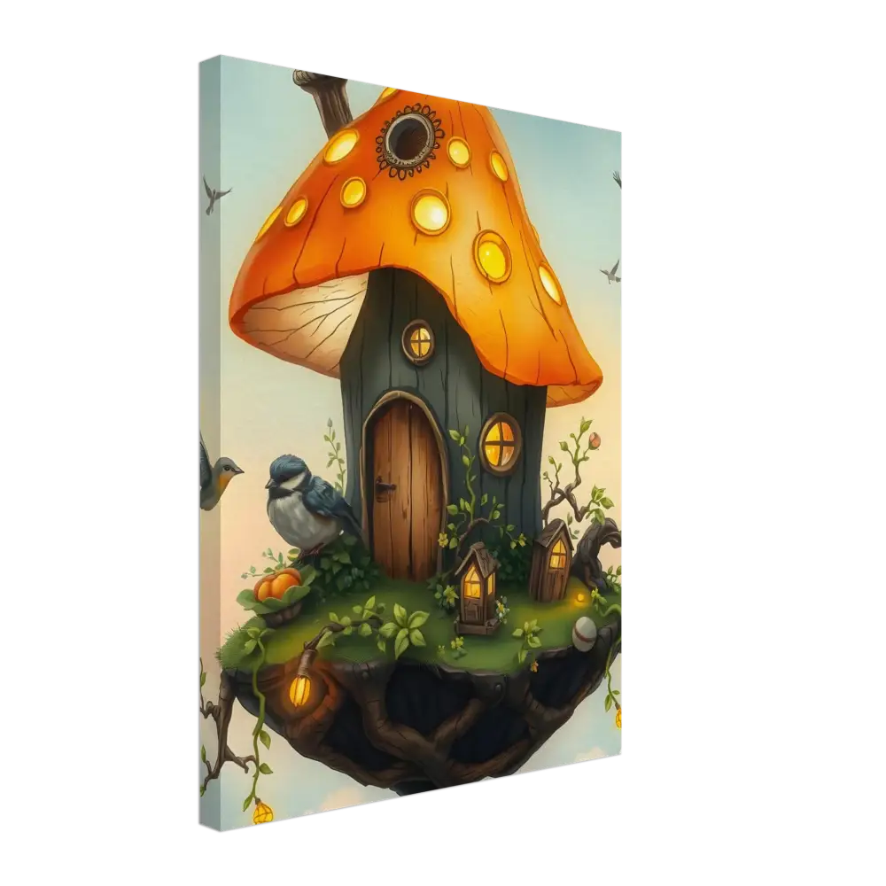 Whimsical mushroom house canvas art for Mushroom Skyhouse Birdhouse in the Clouds decorative piece