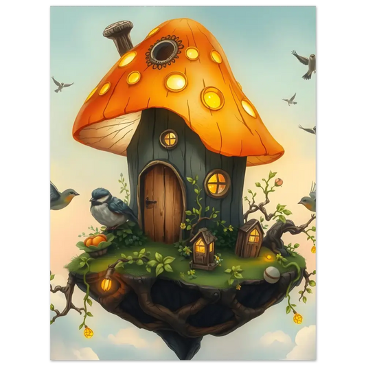 Whimsical mushroom house on floating island in PixiOnyx Mushroom Skyhouse Poster