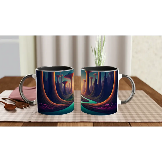Two fantasy-themed Psychedelic Forest Coffee Cups in Mushroom Valley Mindwalk Mug design