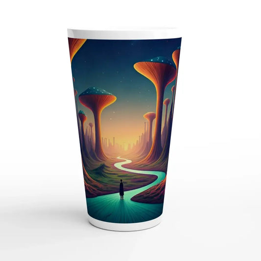 Latte mug with surreal landscape design from Mushroom Valley Mindwalk 17oz Tall Psychedelic Forest Cup PixiOnyx