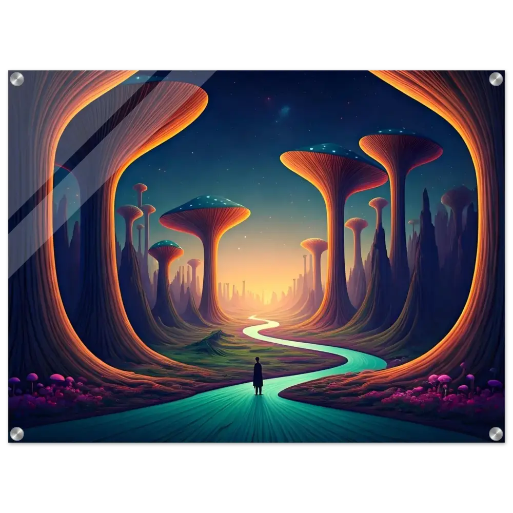 Framed surreal landscape art displayed on Mushroom Valley Mindwalk Acrylic Wall Print