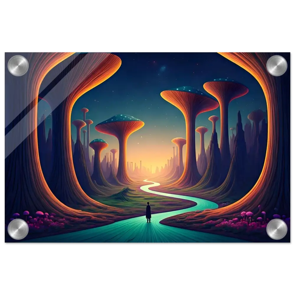 Framed alien landscape art on Mushroom Valley Mindwalk acrylic wall print by PixiOnyx