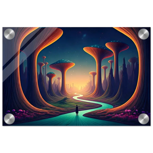 Framed alien landscape art on Mushroom Valley Mindwalk acrylic wall print by PixiOnyx