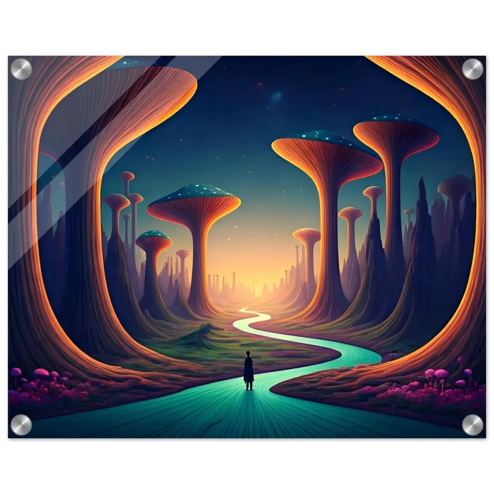 Surreal landscape with mushroom-like trees for Mushroom Valley Mindwalk acrylic wall print