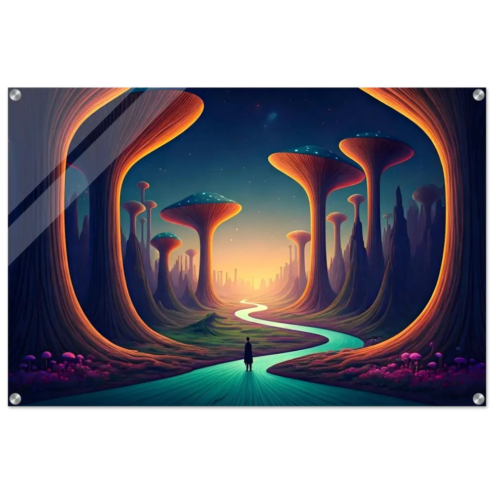 Framed surreal landscape art showcasing Mushroom Valley Mindwalk acrylic wall print by PixiOnyx