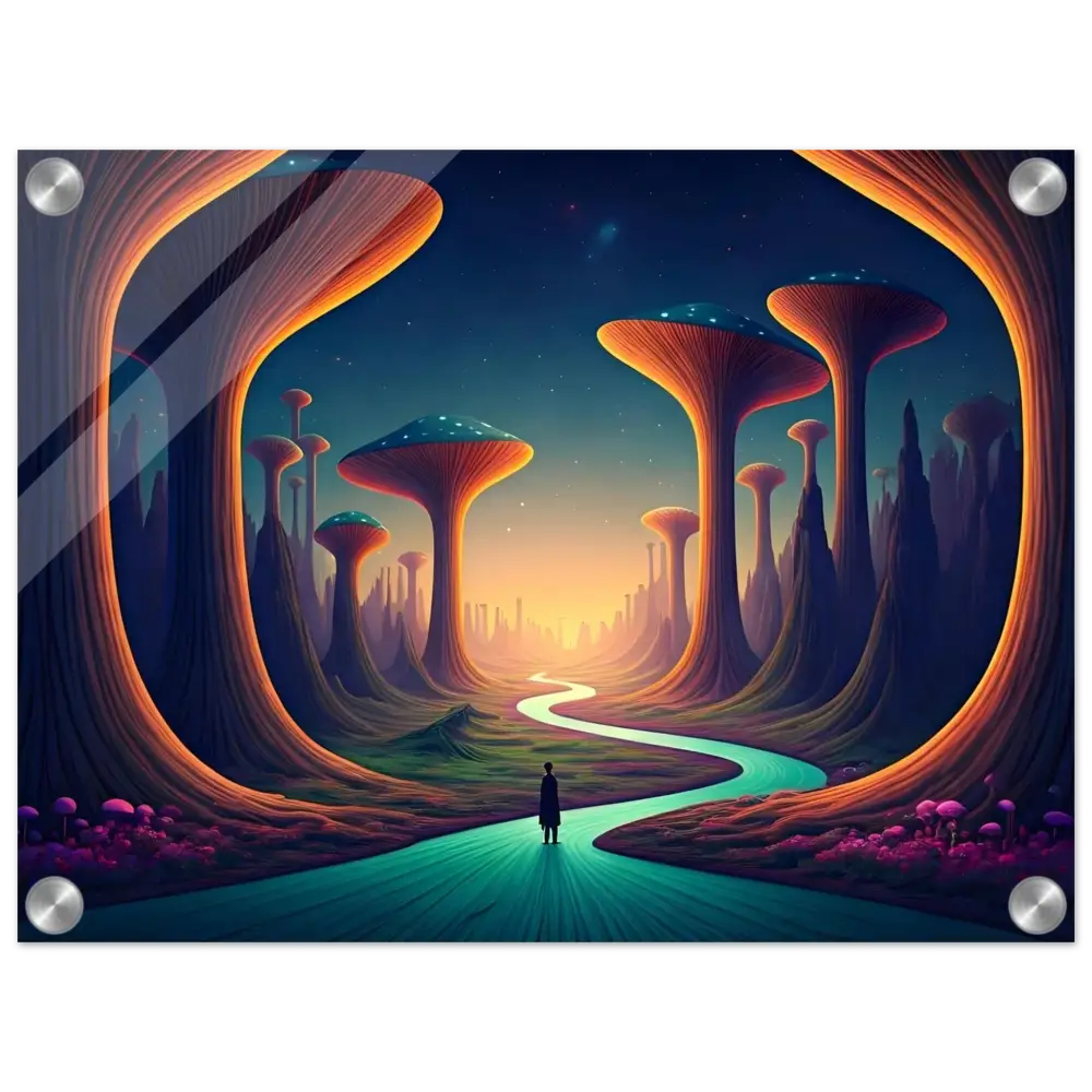 Surreal mushroom landscape art on Acrylic Wall Print Mushroom Valley Mindwalk by PixiOnyx