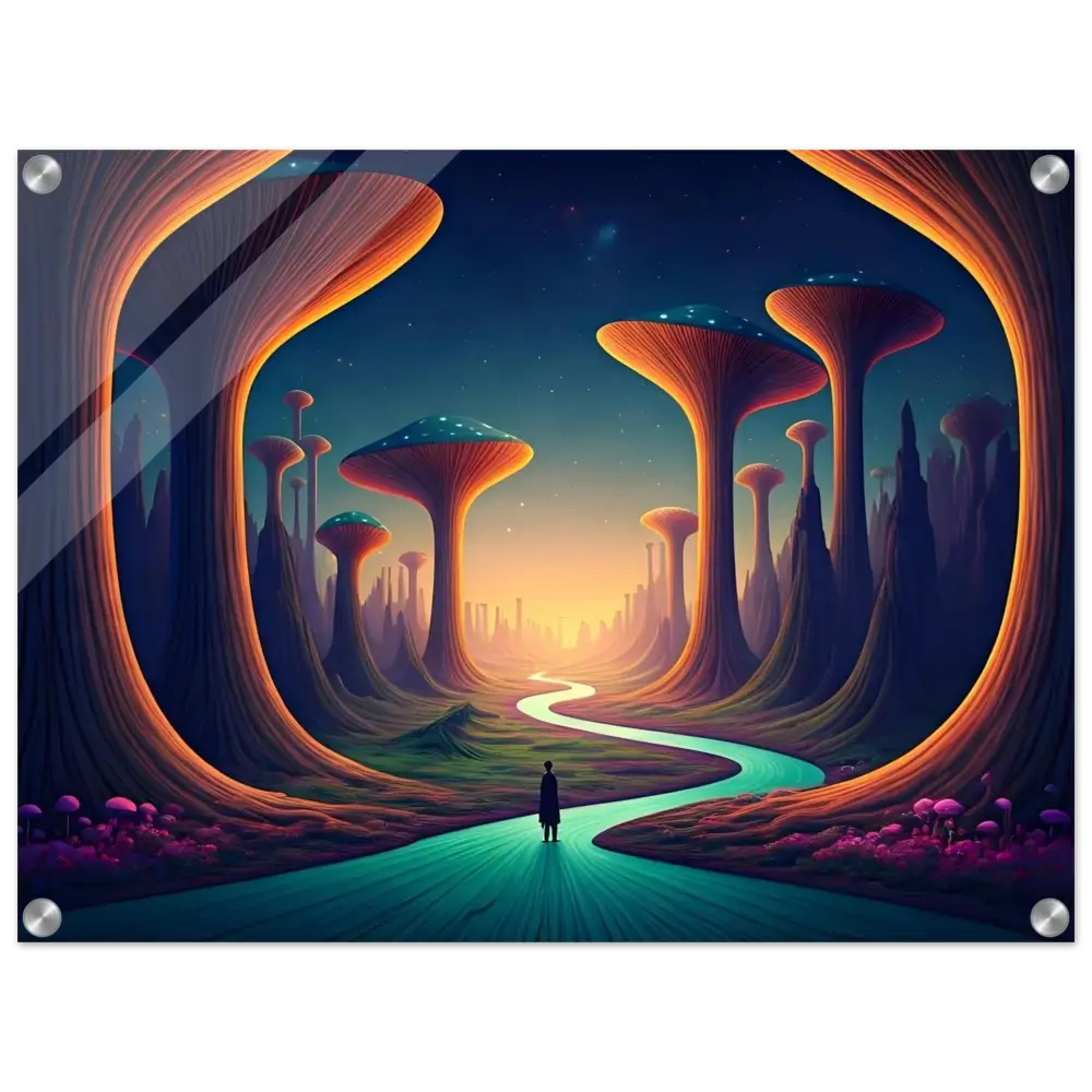 Surreal landscape art print Mushroom Valley Mindwalk acrylic wall panel by PixiOnyx Psychedelic Clarity