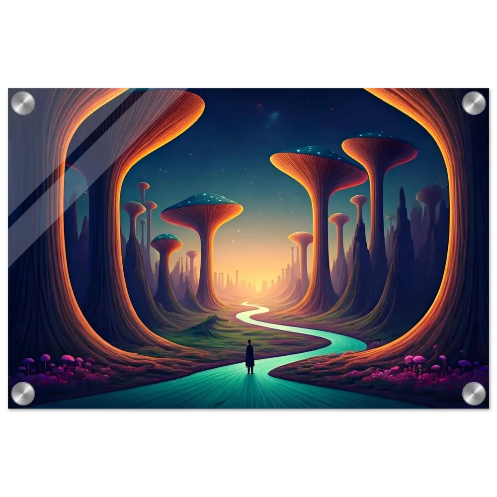Surreal landscape art print titled Mushroom Valley Mindwalk on psychedelic acrylic panel