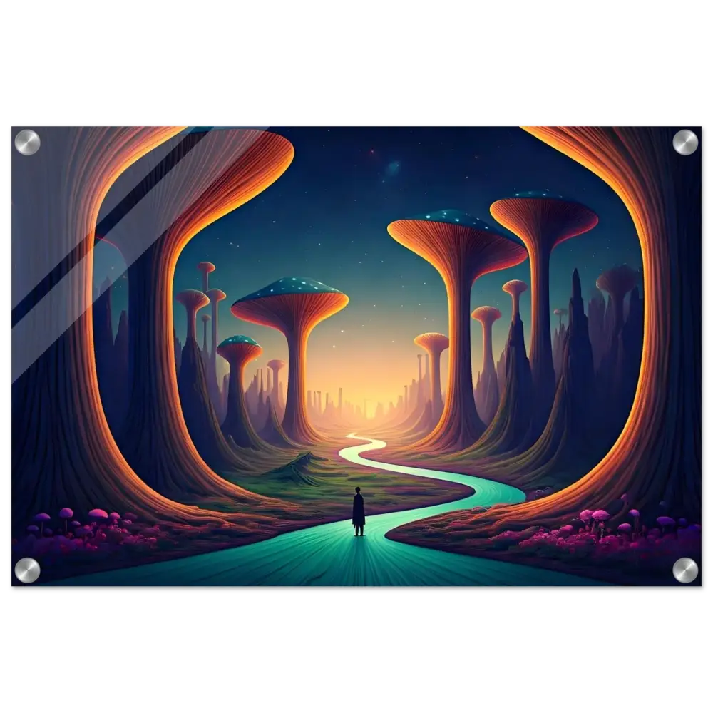 Surreal landscape art print for Mushroom Valley Mindwalk Acrylic Wall Print by PixiOnyx