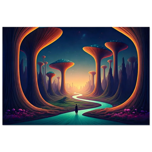 Surreal landscape with mushroom-like trees on Mushrooms Valley Mindwalk Aluminum Print