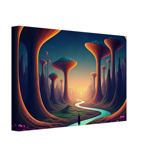 Surreal landscape painting featuring vibrant colors and fantastical scenery on Canvas Print