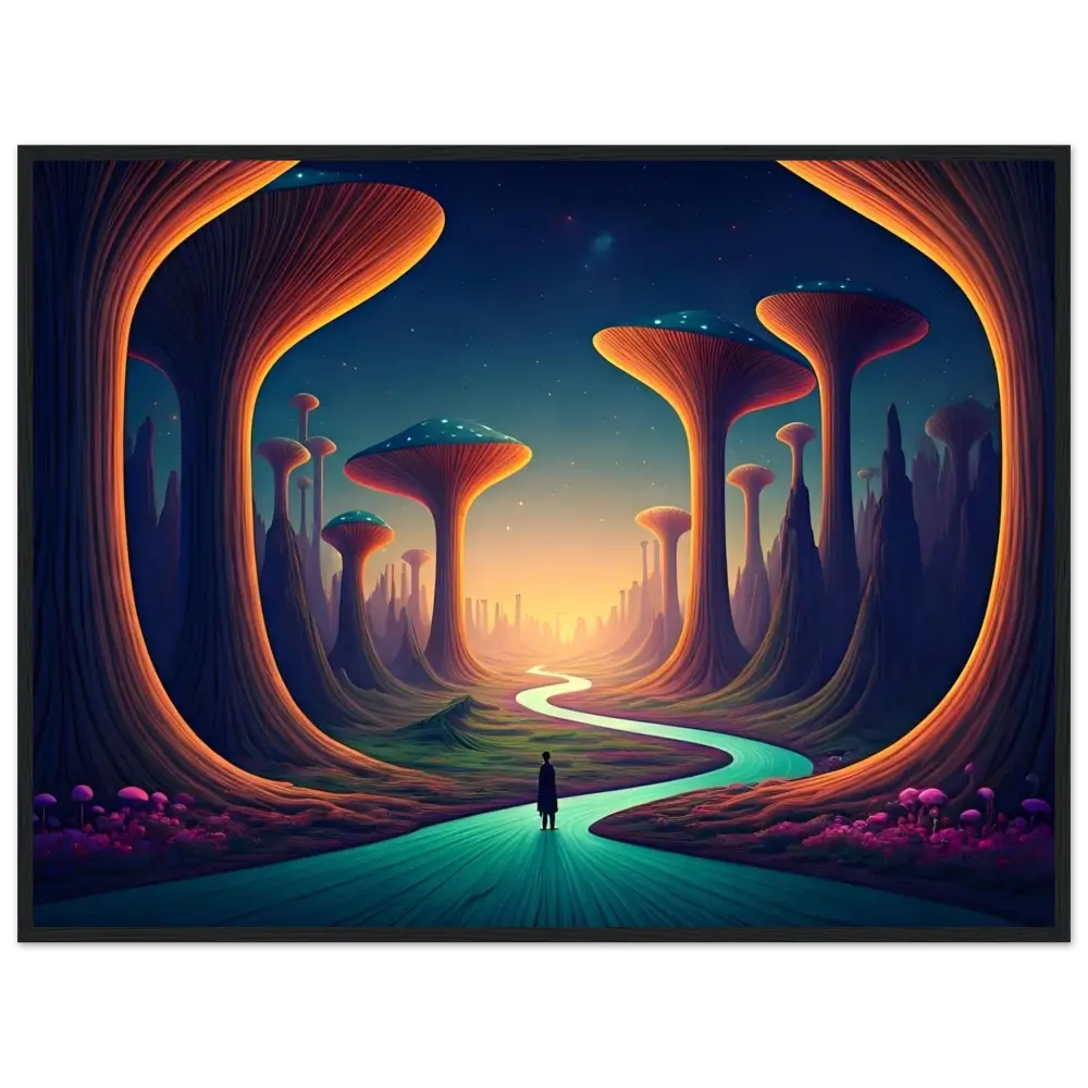 Surreal mushroom landscape with lone figure in Mushroom Valley Mindwalk framed poster