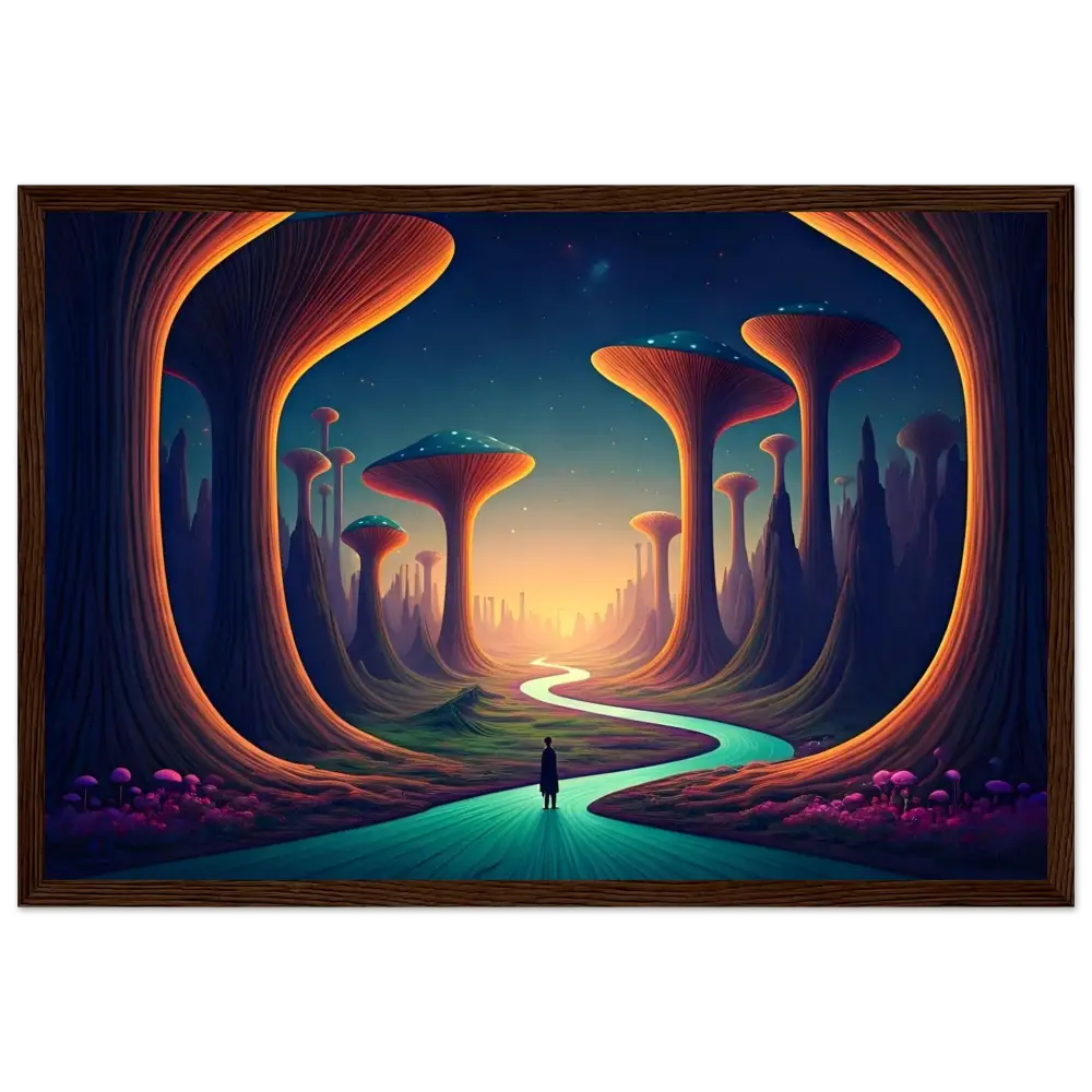 Framed surreal landscape painting from Mushroom Valley Mindwalk poster for psychedelic decor