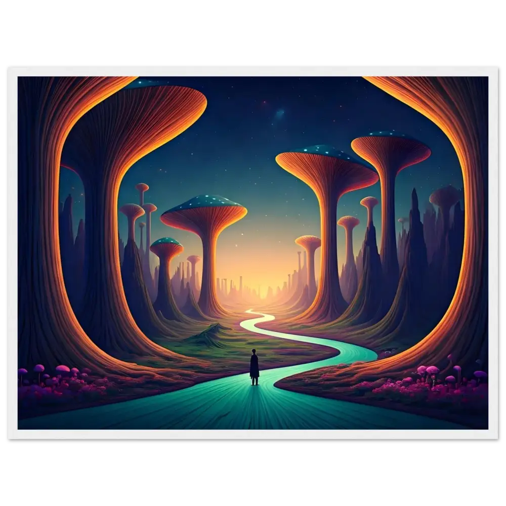 Surreal landscape with mushroom-like trees in Mushroom Valley Mindwalk framed poster