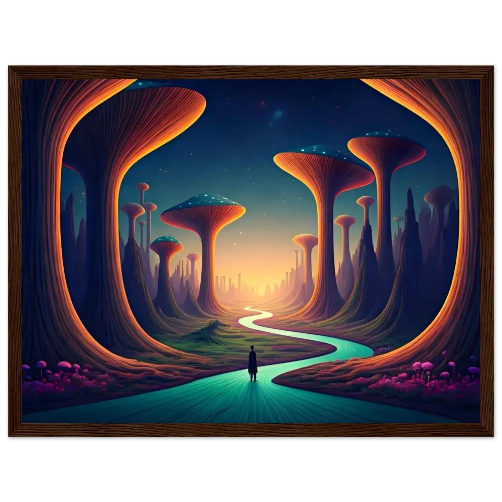 Framed surreal landscape painting in Mushroom Valley Mindwalk psychedelic home decor poster