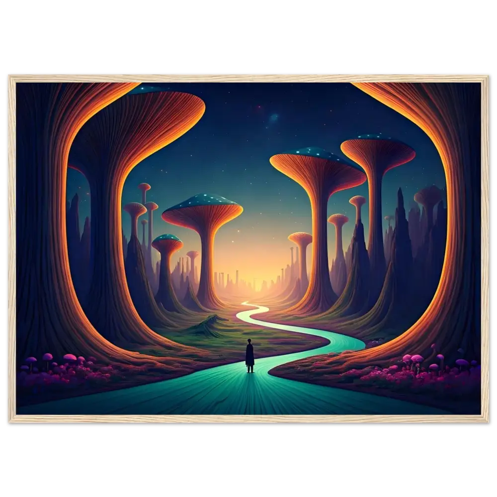 Framed surreal landscape from Mushroom Valley Mindwalk psychedelic home decor poster