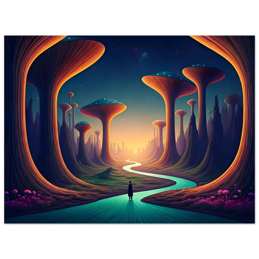 Surreal mushroom landscape with winding river, featured on Mushroom Valley Mindwalk Poster