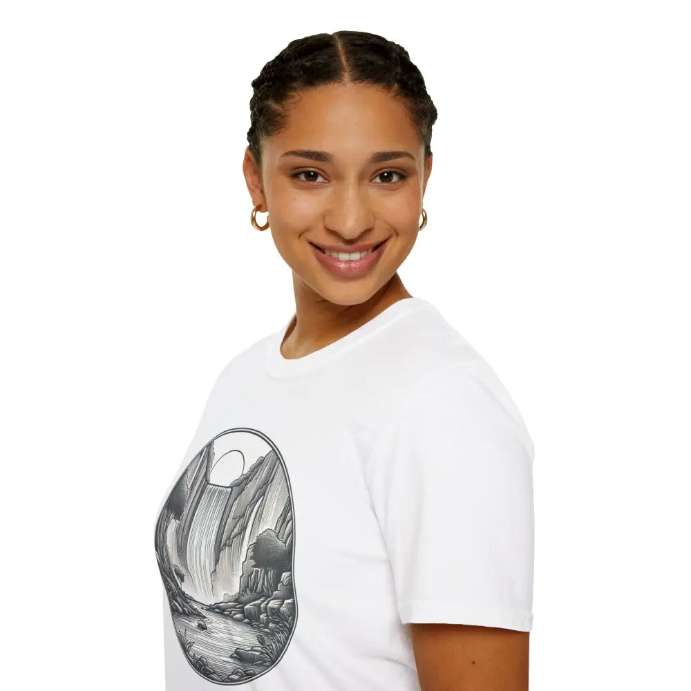 Woman with braided hair wearing a white nature-themed graphic unisex softstyle t-shirt made from ethically sourced material
