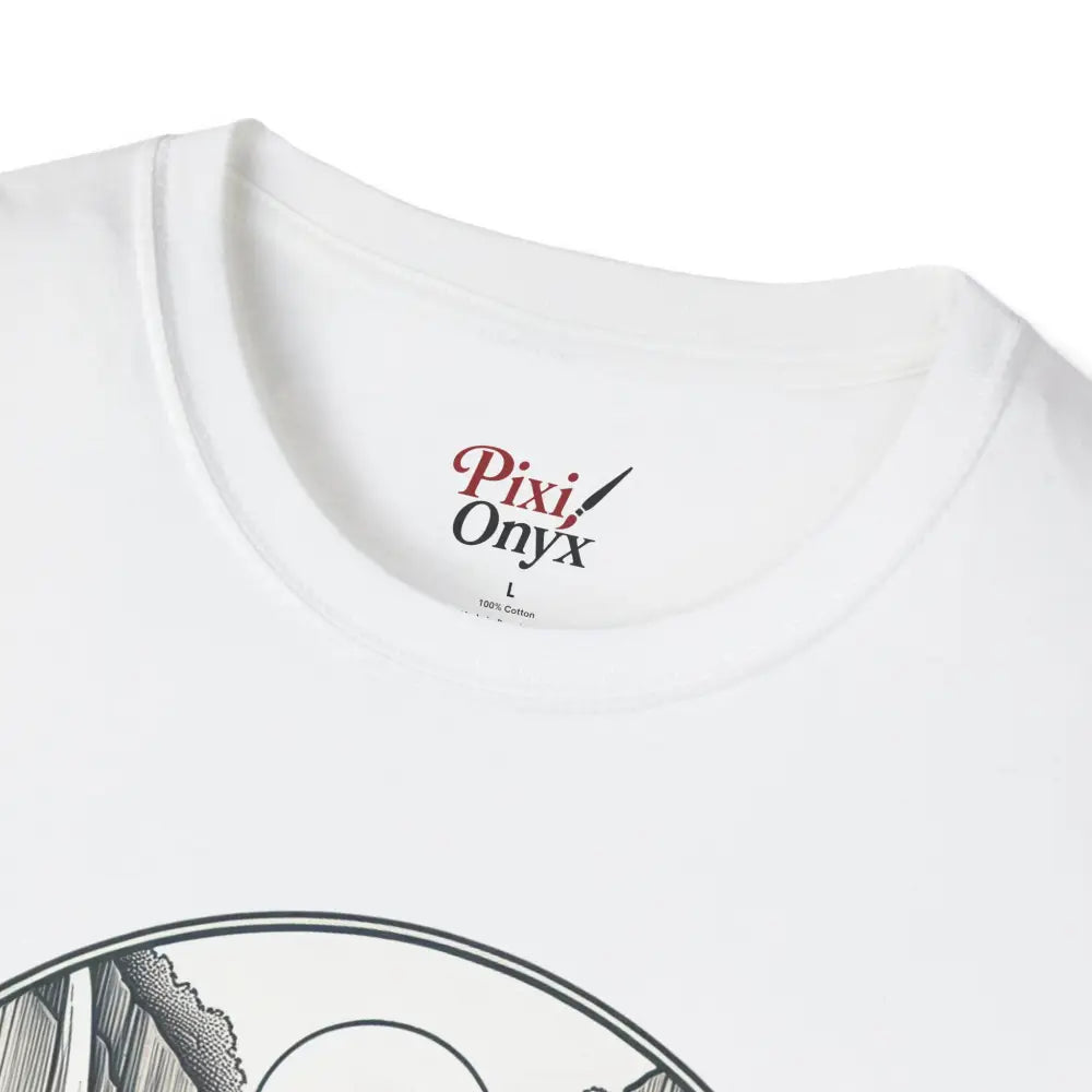 White unisex softstyle t-shirt with printed label made from ethically sourced material